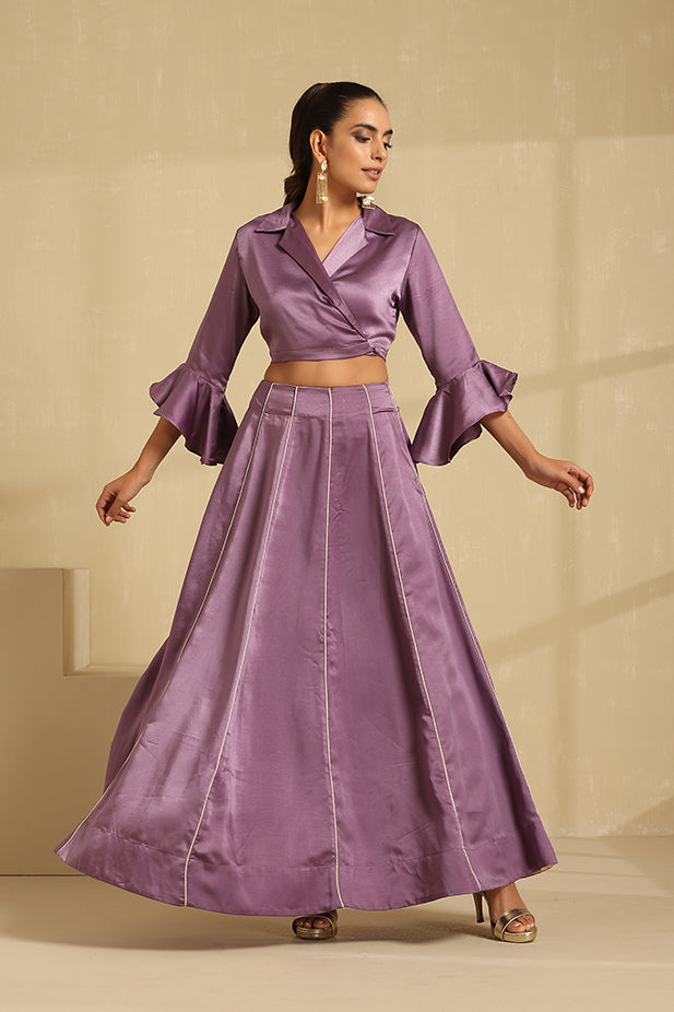 Luxery Satin Lehenga With Wrap Top Set-Mouve
